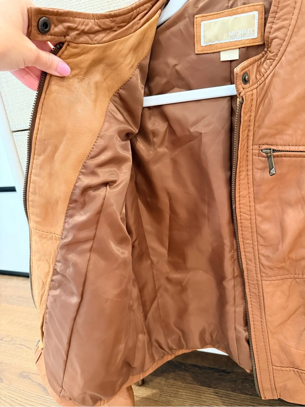 Michael Kors Women’s Soft Leather Moto Full Zip Brown Tan Jacket Size Medium
